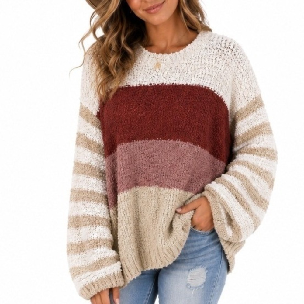 Macaron Cozy Colorblock Popcorn Knit Sweater Small Fall Essential J Bin - Picture 3 of 16